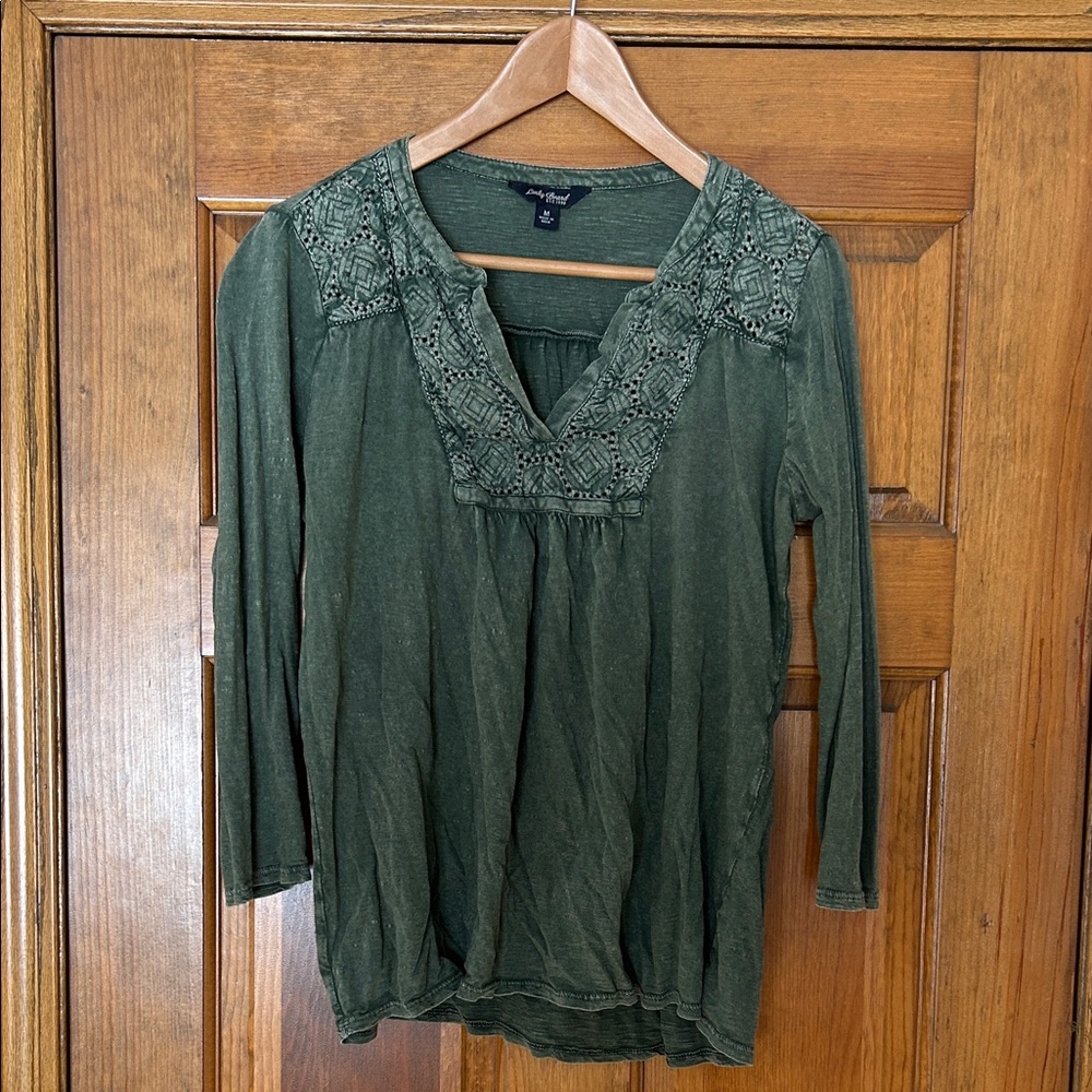 Lucky Brand Olive Lace Accent Blouse